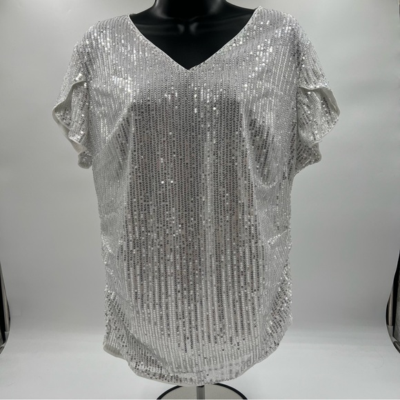 Grace Karin sequined‎ flutter sleeve shirt size XL. Side rushing. NWT retail $34 - Picture 6 of 9